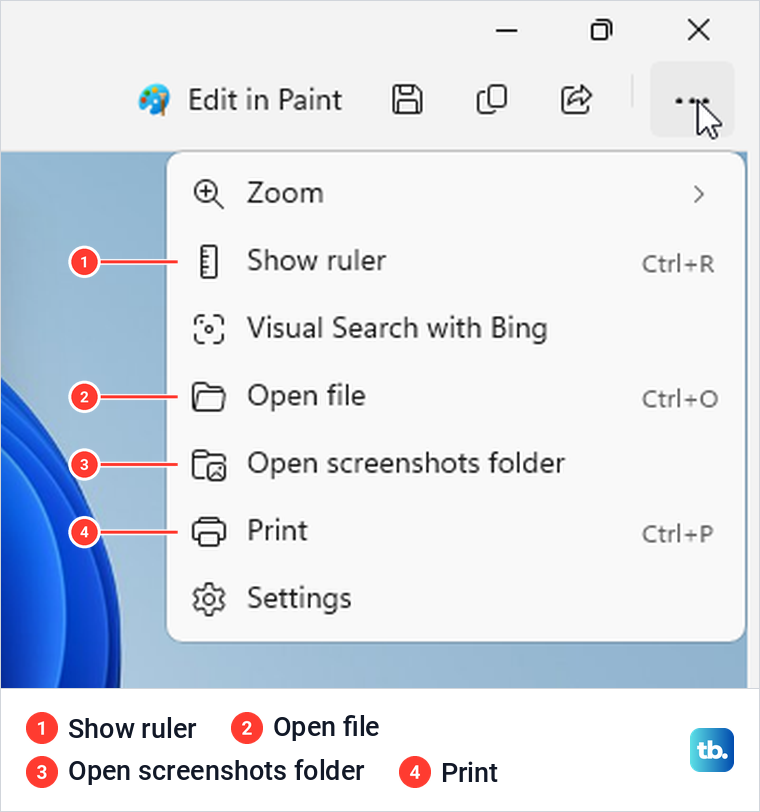 Snipping Tool editor menu showing ruler, file, folder and print commands