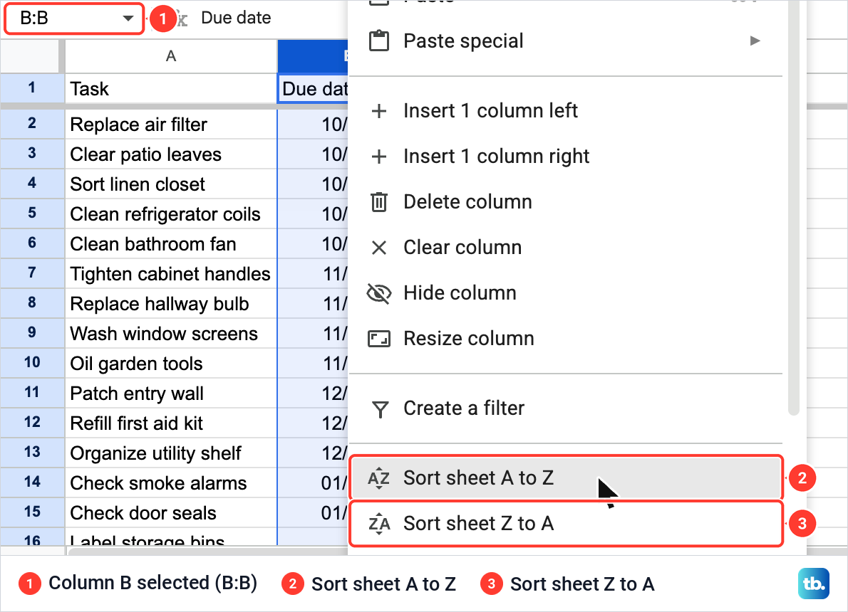 The menu for column B in Google Sheets, opened from the column letter, with Sort sheet A to Z and Sort sheet Z to A.