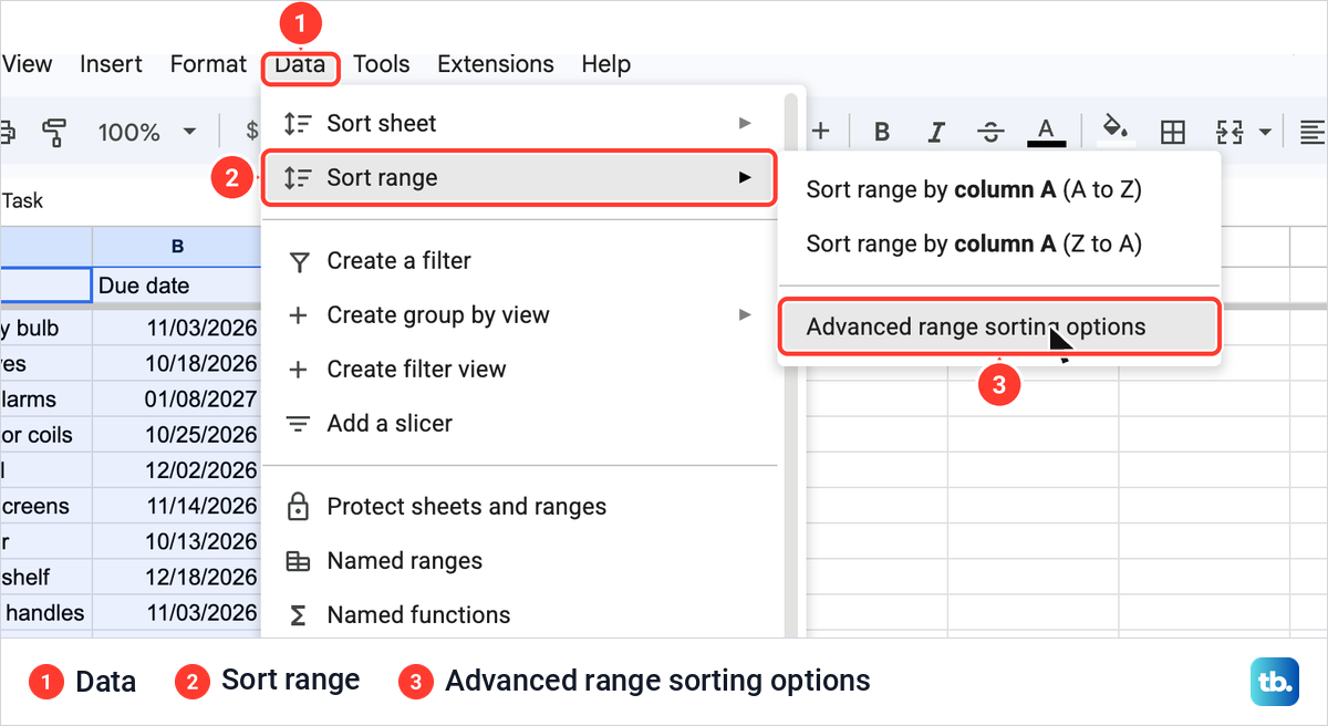 The Google Sheets Data menu open on Sort range, with Advanced range sorting options in the submenu.