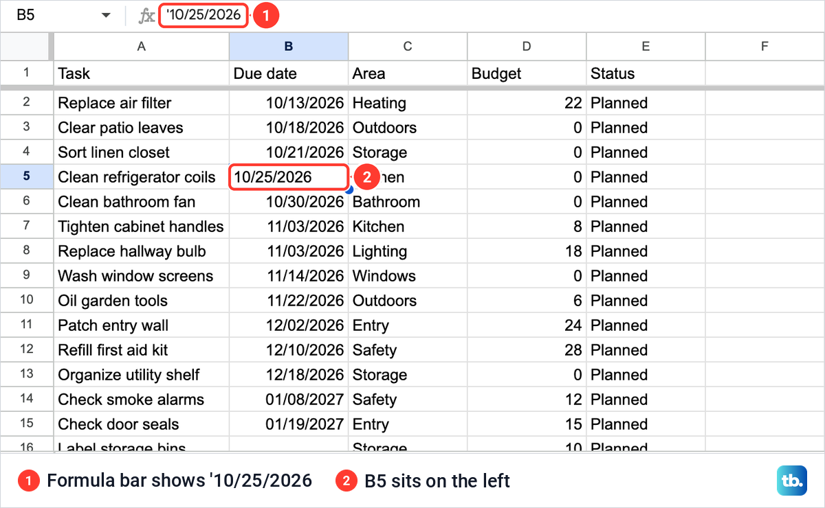 A due date stored as text in Google Sheets, sitting on the left of cell B5 while real dates sit on the right.
