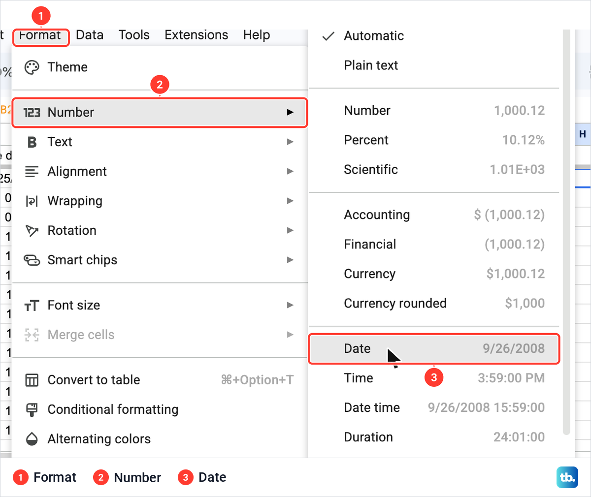 The Google Sheets Format menu open on Number, with Date chosen in the list of number formats.
