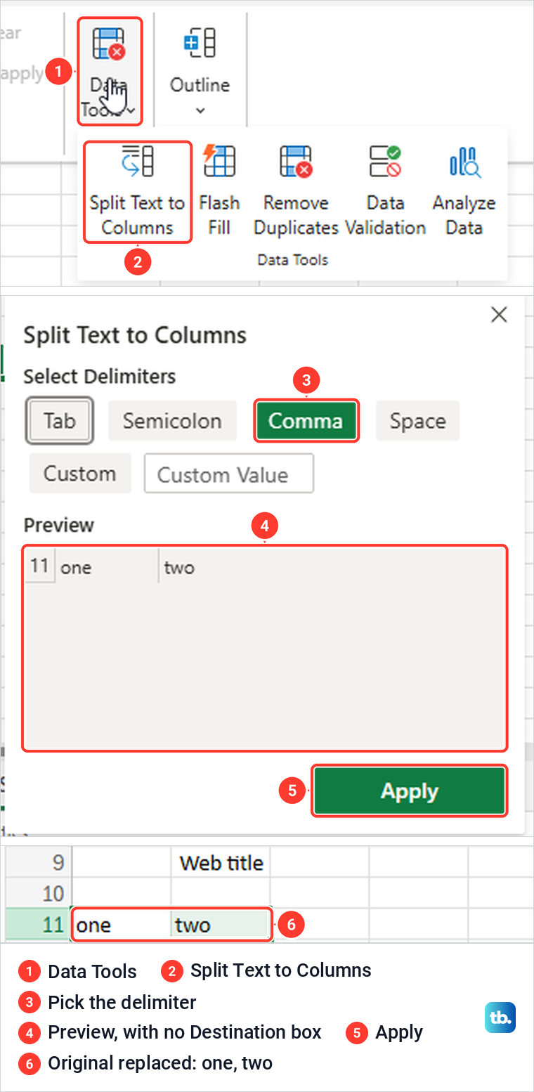 Excel for the web Data Tools menu, the Split Text to Columns card and the split result.