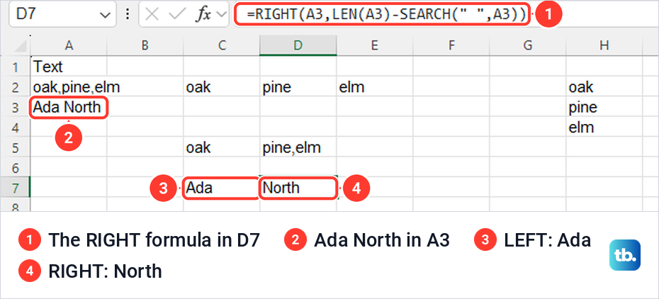 Excel LEFT and RIGHT formulas splitting the name Ada North into Ada and North.