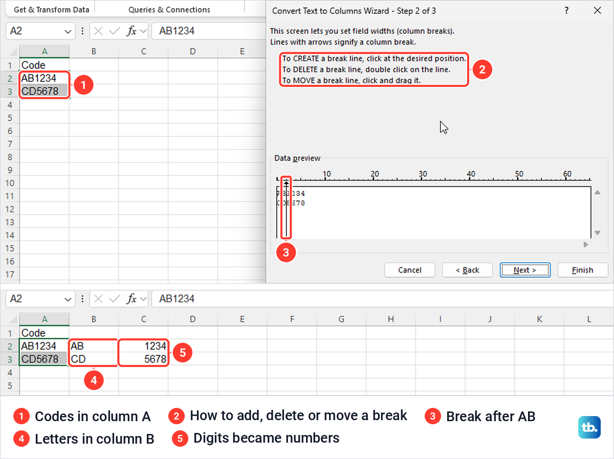 Text to Columns fixed width step with a break after two characters, and the split codes.
