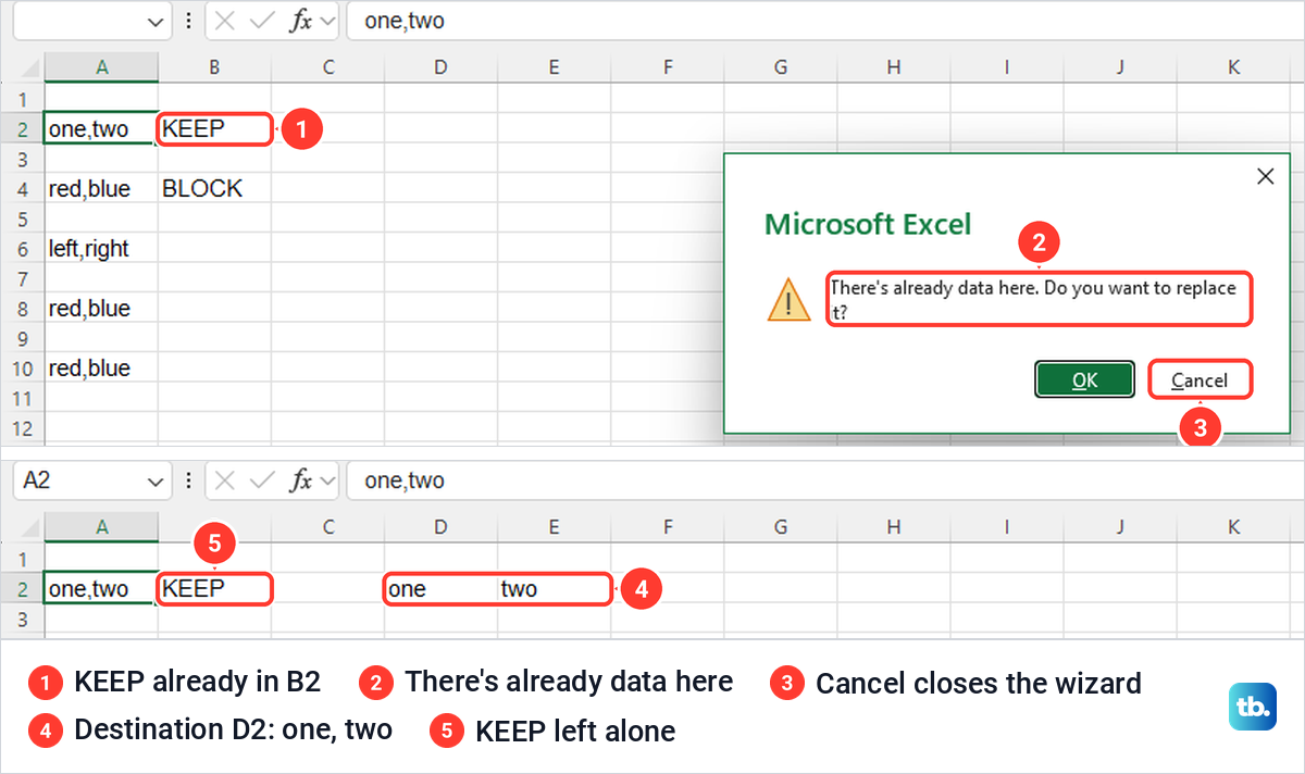 Excel warning There's already data here when Text to Columns would overwrite a cell.