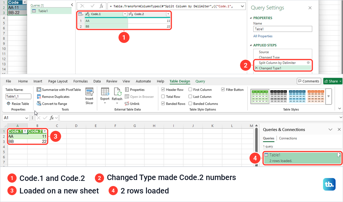 Power Query split result in the editor and loaded as a table on a new sheet.