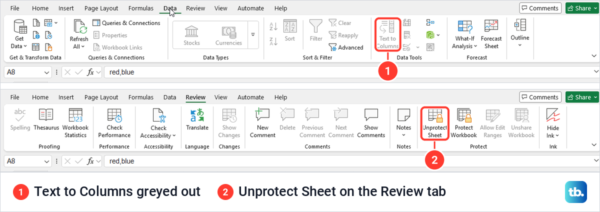 Excel ribbon on a protected sheet with Text to Columns greyed out and Unprotect Sheet shown.