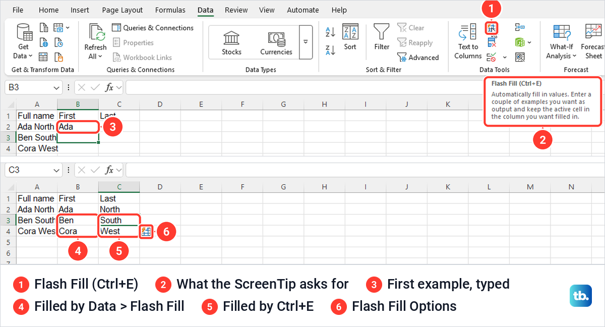 Excel Flash Fill separating full names into First and Last columns, with its ScreenTip.