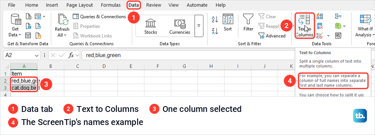 Excel Data tab with the Text to Columns button and its ScreenTip, one text column selected.
