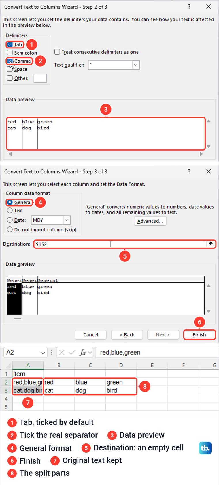 Convert Text to Columns Wizard steps 2 and 3, and the comma split result in Excel.