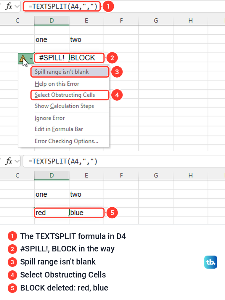 Excel TEXTSPLIT showing #SPILL! because a cell is not blank, then the fixed result.