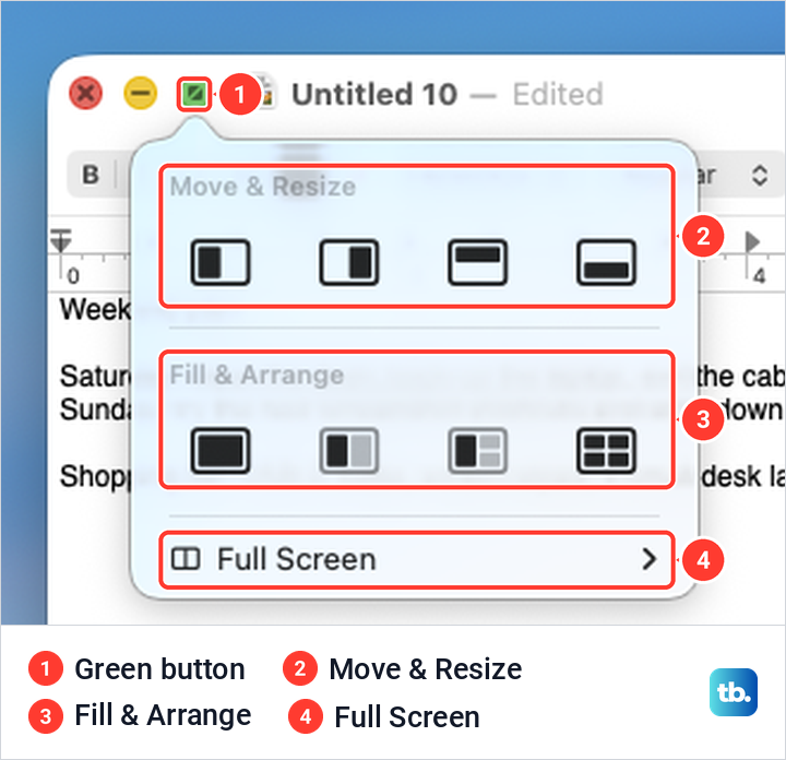 The menu that opens when the pointer rests on the green button of a TextEdit window on macOS Tahoe.
