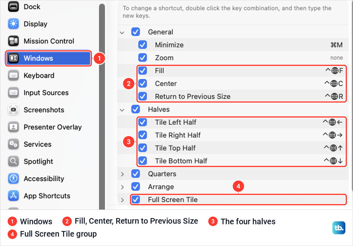 Keyboard Shortcuts in System Settings on macOS Tahoe with the Windows list of tiling shortcuts.
