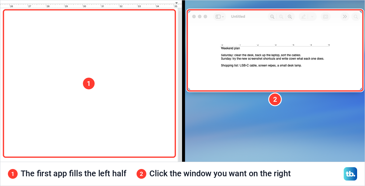 A detail of the middle of the screen, with TextEdit filling the left half and a Preview window offered on the right.