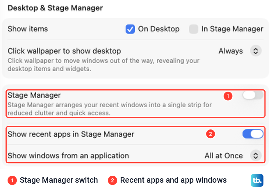 The Stage Manager switch in Desktop and Dock settings on macOS Tahoe, turned off, with its options below.