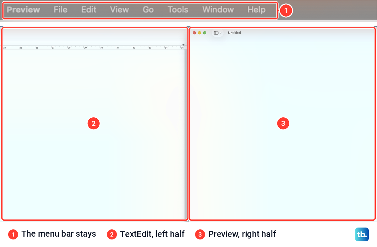 Two details of one macOS Tahoe screenshot: the menu bar, and two windows tiled side by side meeting in the middle.