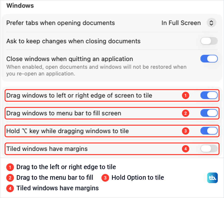 Desktop and Dock settings on macOS Tahoe showing the four window tiling switches under Windows.