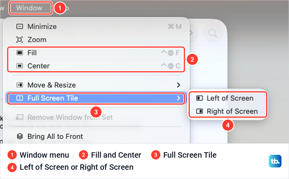 The TextEdit Window menu on macOS Tahoe with Full Screen Tile open on Left of Screen and Right of Screen.