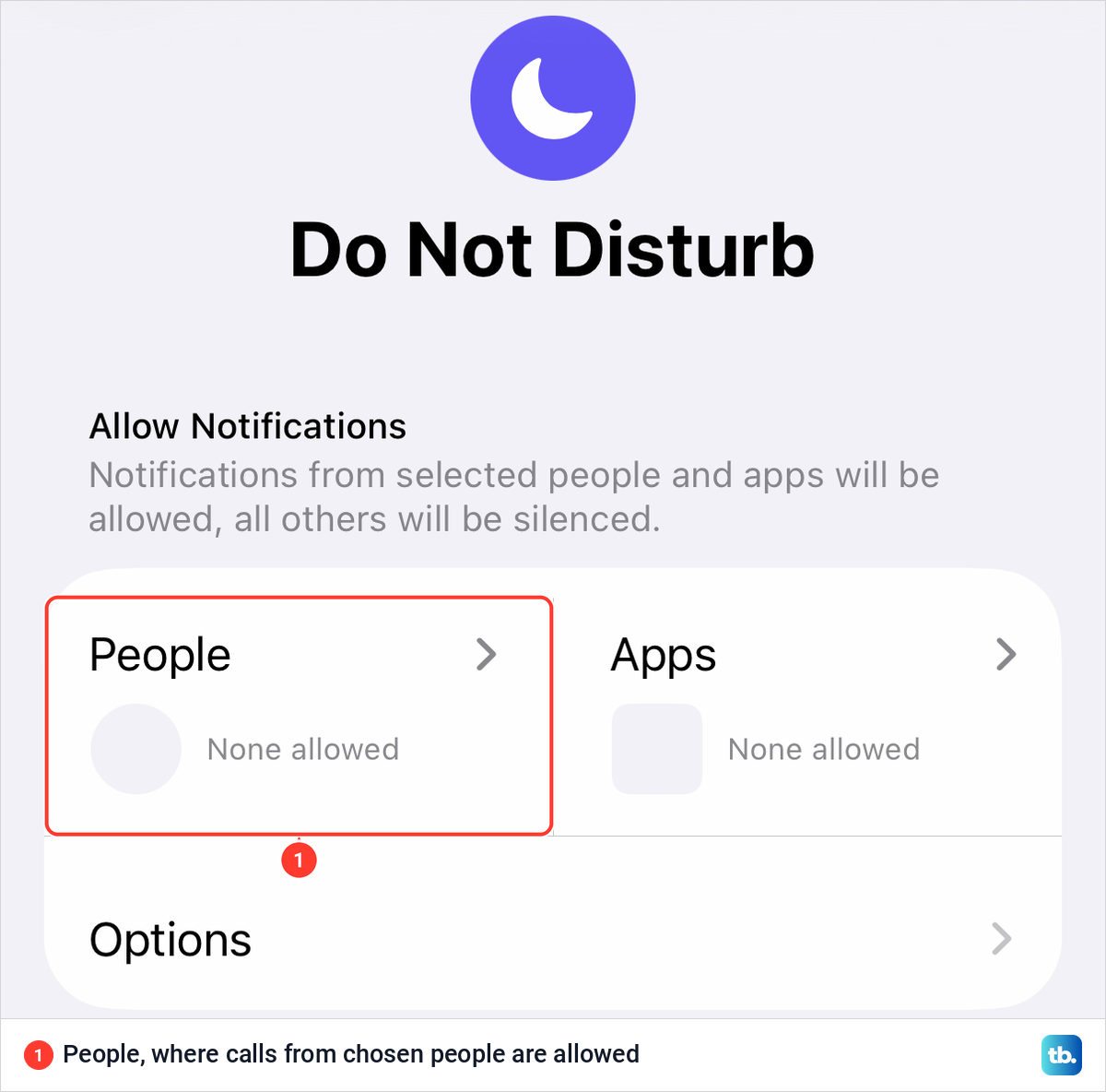iPhone Do Not Disturb settings with Allow Notifications for People and Apps.