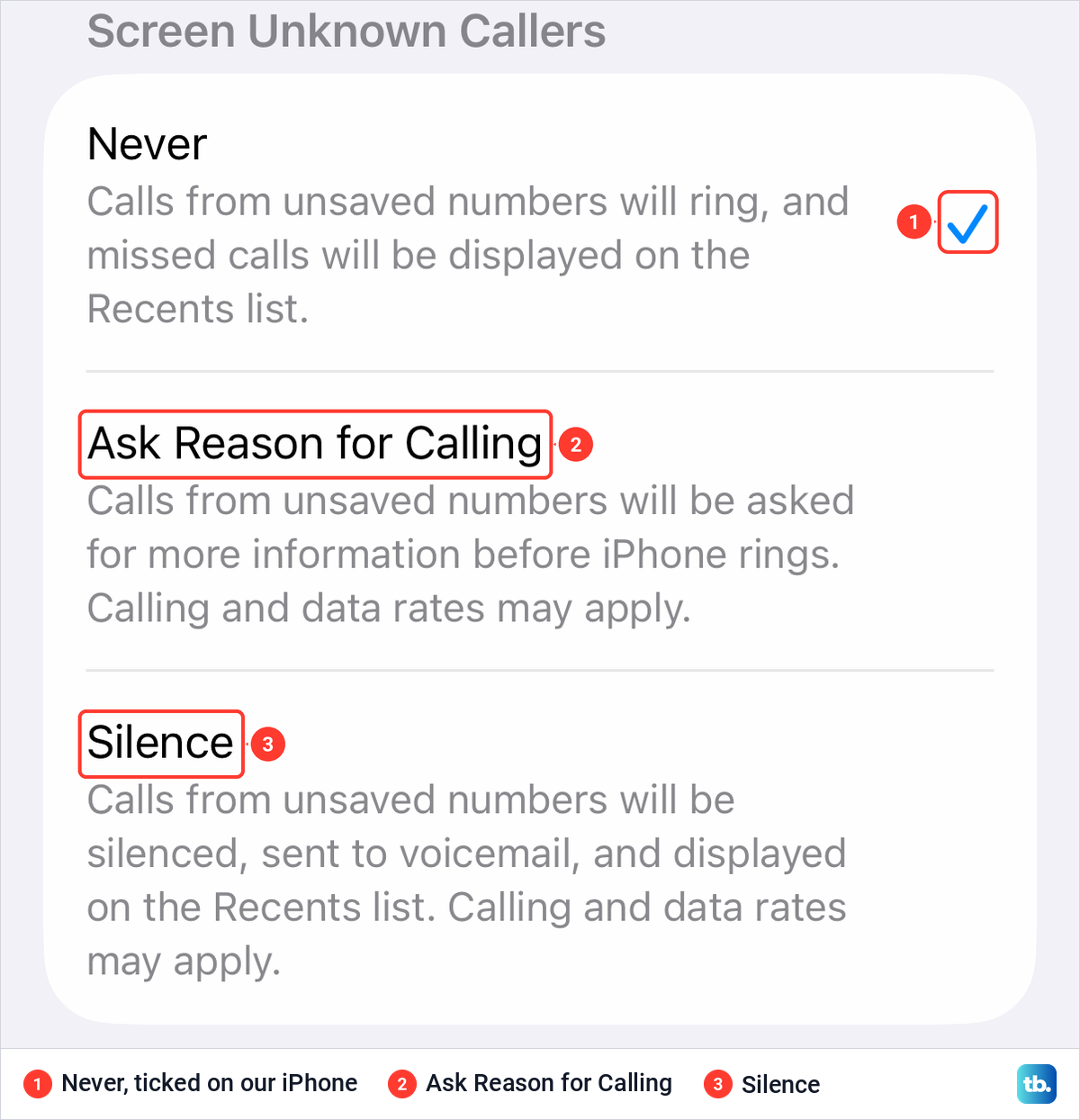Screen Unknown Callers in iPhone Phone settings with Never ticked, Ask Reason for Calling and Silence.