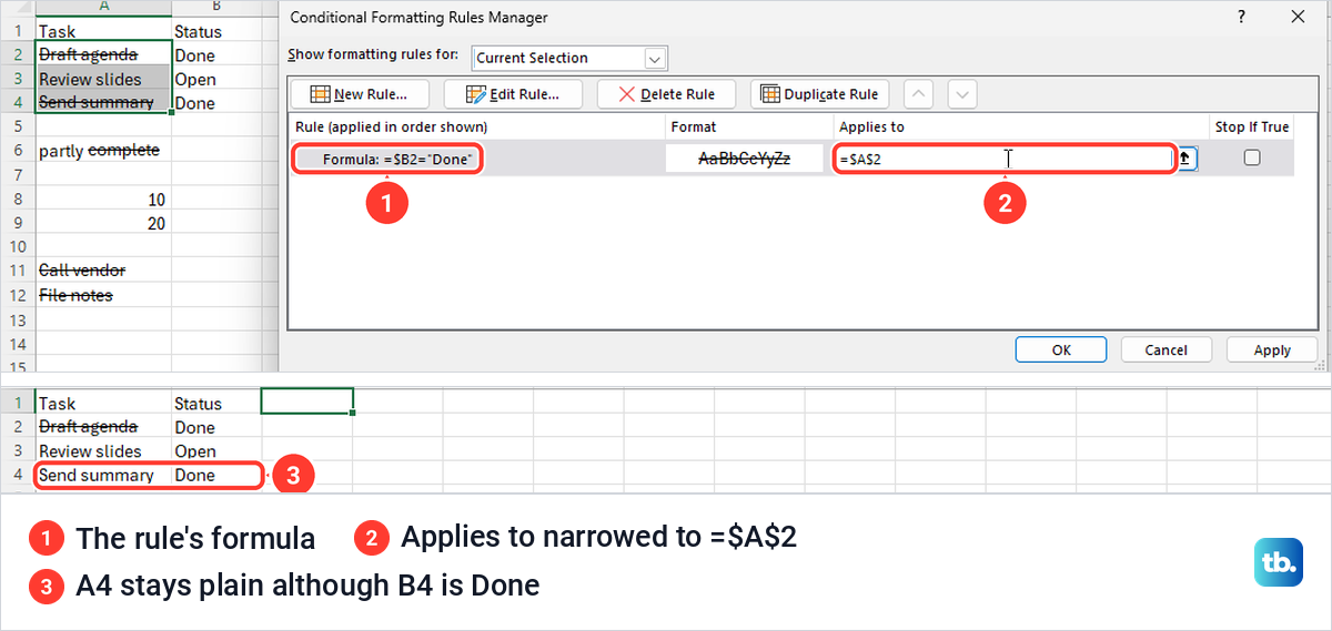 Excel Conditional Formatting Rules Manager with Applies to narrowed, leaving one Done task plain.