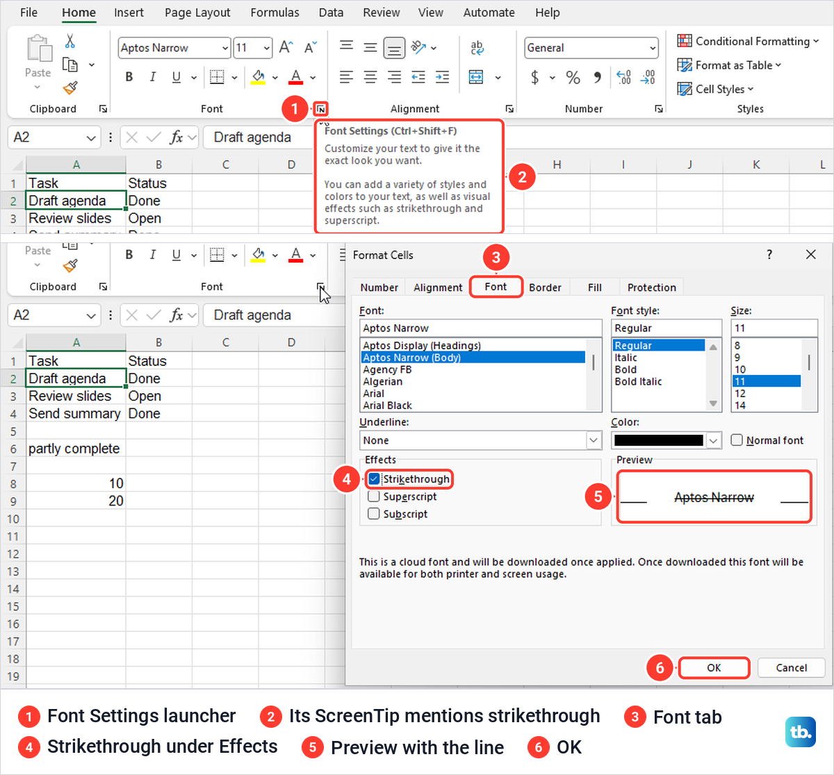 Excel Font Settings launcher ScreenTip, then the Format Cells Font tab with Strikethrough ticked.