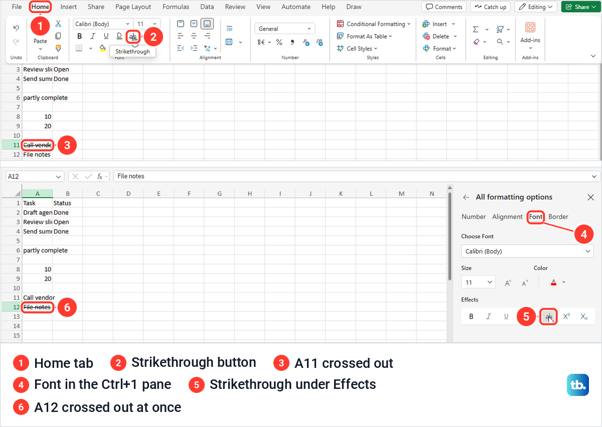 Excel for the web Strikethrough button on the Home tab and the All formatting options pane.