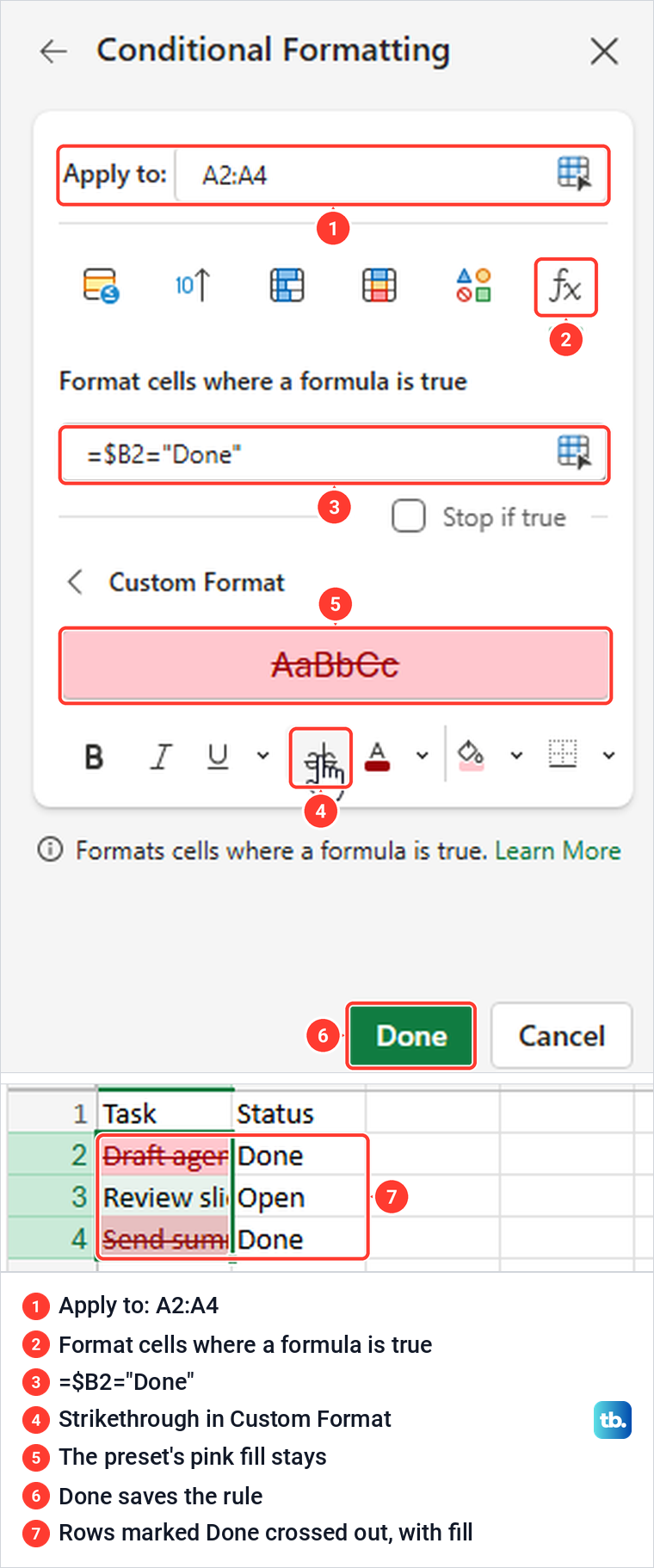 Excel for the web Conditional Formatting pane with a formula rule and a Strikethrough custom format.