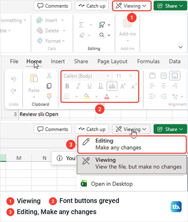 Excel for the web in Viewing mode with greyed font buttons and the Editing option in the menu.