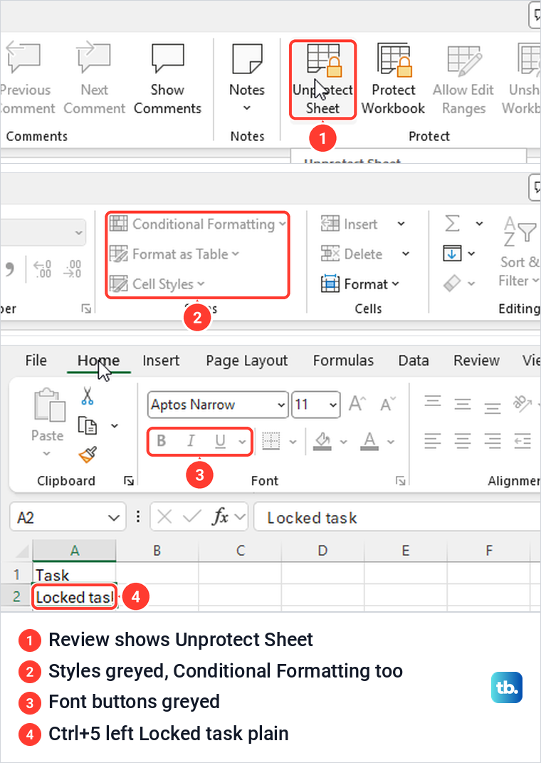 Excel Review tab showing Unprotect Sheet and greyed font buttons on a protected sheet.