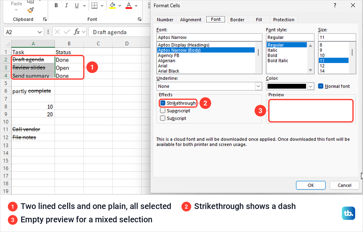 Excel Format Cells box showing a dash in Strikethrough for a mix of lined and plain cells.