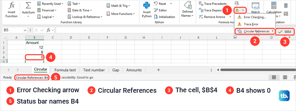 Excel Formulas tab Error Checking menu listing a circular reference in B4, also named on the status bar.