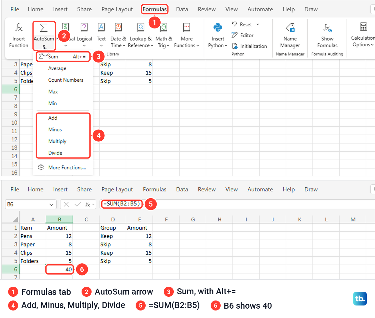 Excel for the web Formulas tab AutoSum menu with Sum, Add, Minus, Multiply and Divide.
