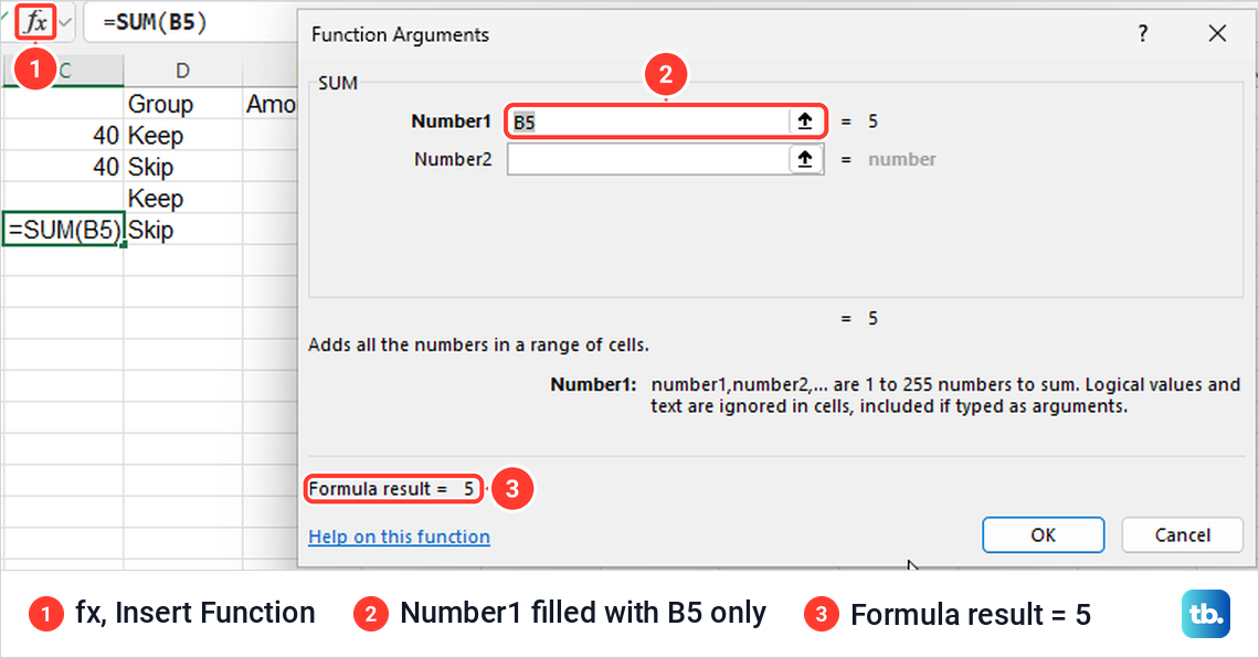Excel Function Arguments dialog for SUM in C5 with Number1 prefilled as B5 and a result of 5.