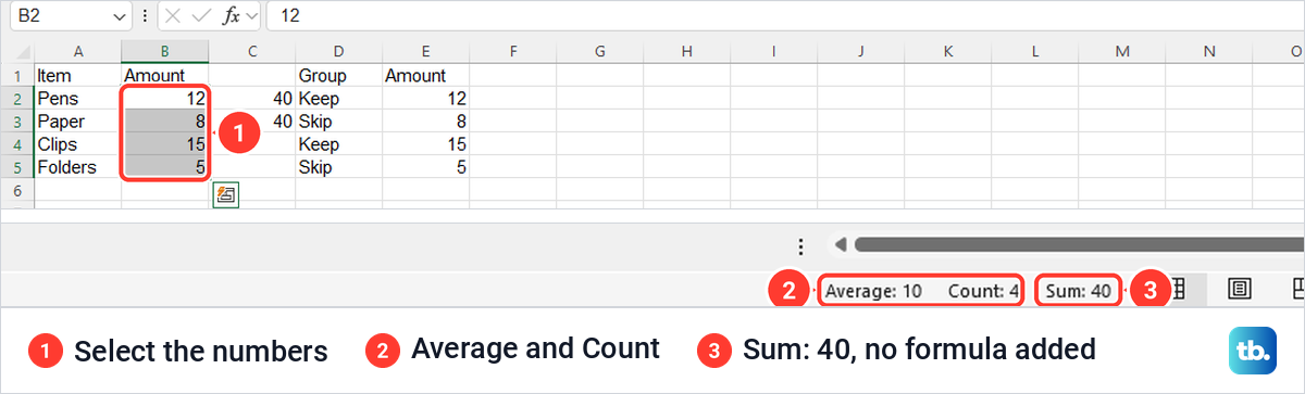 Excel column of four amounts selected with Average, Count and Sum 40 on the status bar.