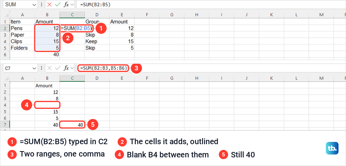 Excel SUM formula typed in C2 with its cells outlined, then a two-range SUM across a blank cell.