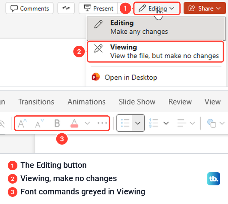 PowerPoint for the web Editing button menu with Editing and Viewing, and the greyed Home commands in Viewing.