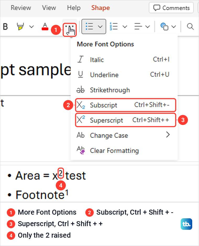 PowerPoint for the web More Font Options menu listing Subscript and Superscript, and a raised 2 on the slide.