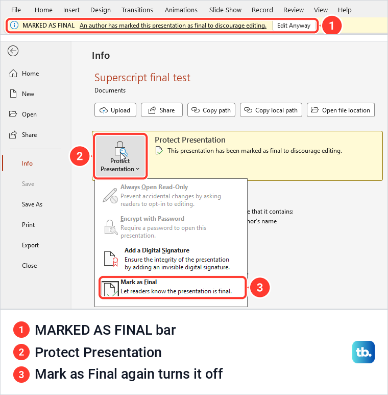 PowerPoint Marked as Final bar above the slide, and the Protect Presentation menu with Mark as Final.