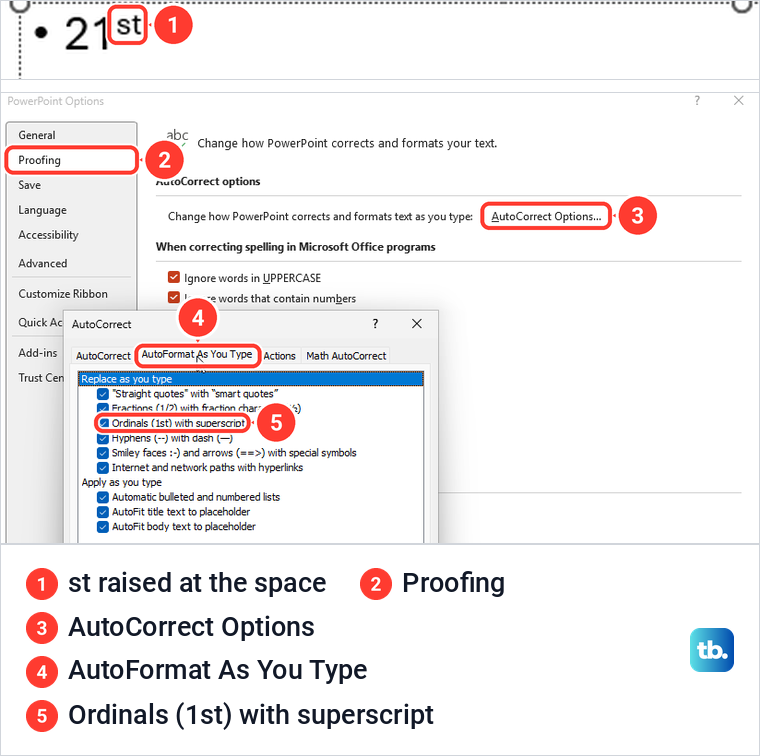 PowerPoint ordinal 21st with raised st, and the AutoFormat As You Type tab with the Ordinals option.