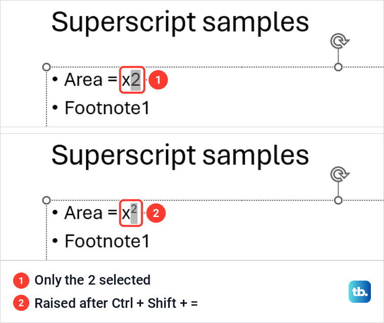 PowerPoint slide line Area = x2 with only the 2 selected, then the same 2 raised as x squared.