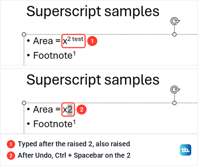 PowerPoint slide where a word typed after a raised 2 is also raised, then the 2 alone back on the line.