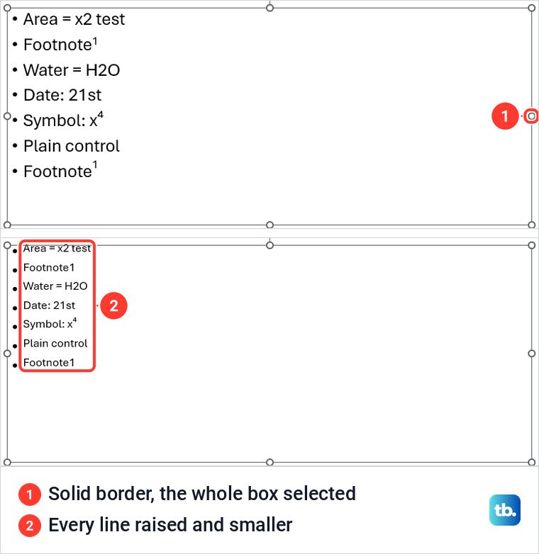 PowerPoint text placeholder selected by its solid border, then every line raised and shrunk by the shortcut.