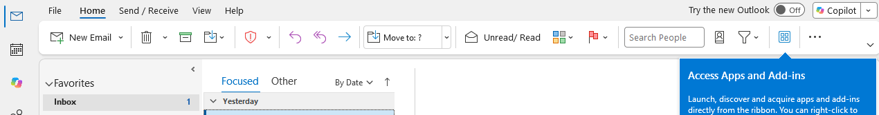 Classic Outlook ribbon with File, Home, Send / Receive, View and Help tabs and the Try the new Outlook toggle set to Off