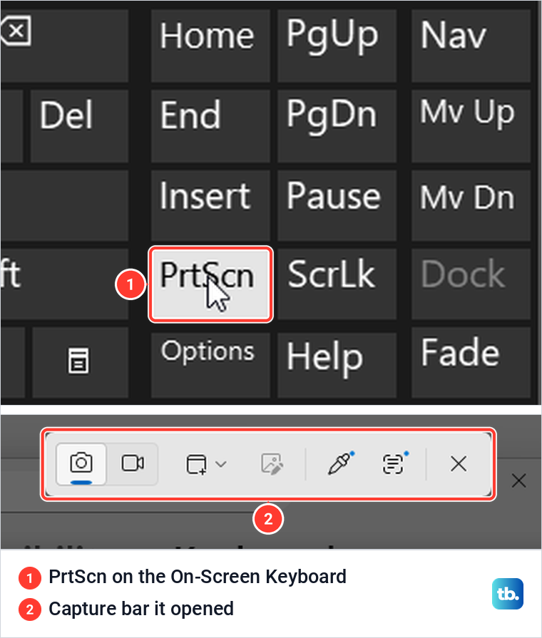 Close-ups of the On-Screen Keyboard PrtScn key and the capture bar it opened