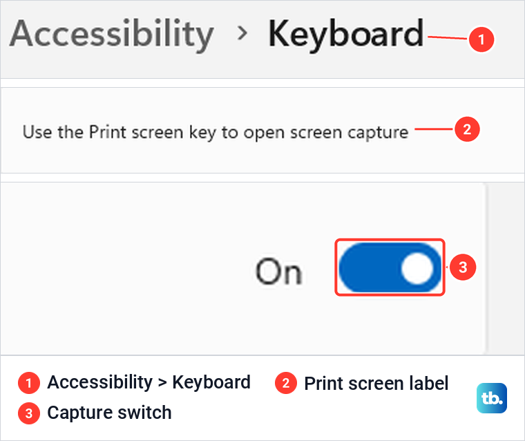 Close-ups of the Windows Keyboard settings page with the Print screen capture switch on