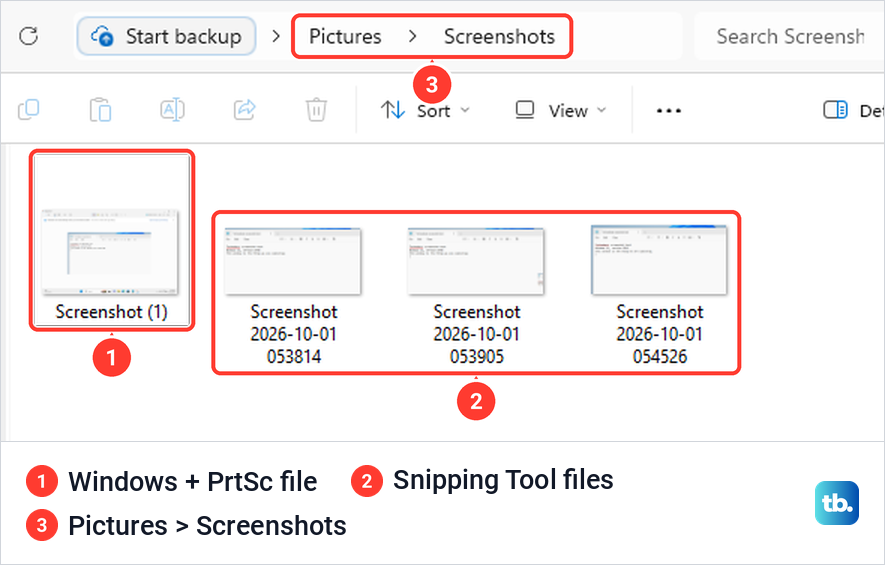 Screenshots folder containing a numbered Windows capture and three dated Snipping Tool captures