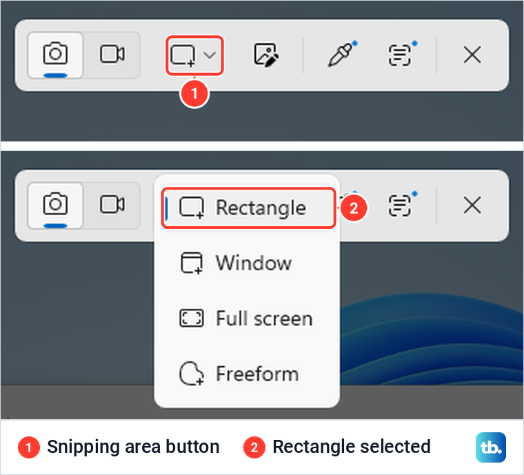 Windows capture bar with its Snipping area button, and the shape menu it opens with Rectangle selected