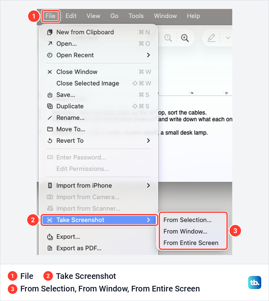Preview's File menu open at Take Screenshot, with From Selection, From Window and From Entire Screen.