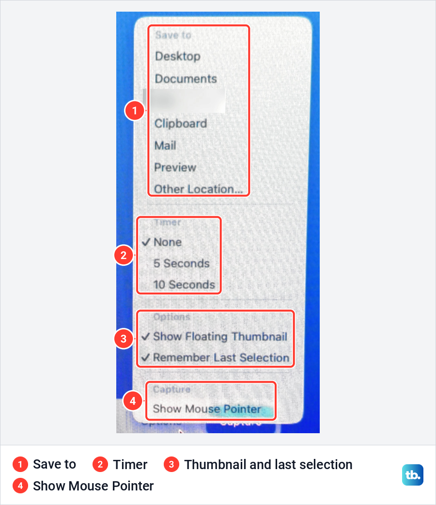 Photo of the Screenshot Options menu listing Save to places, Timer choices, Options and Show Mouse Pointer.